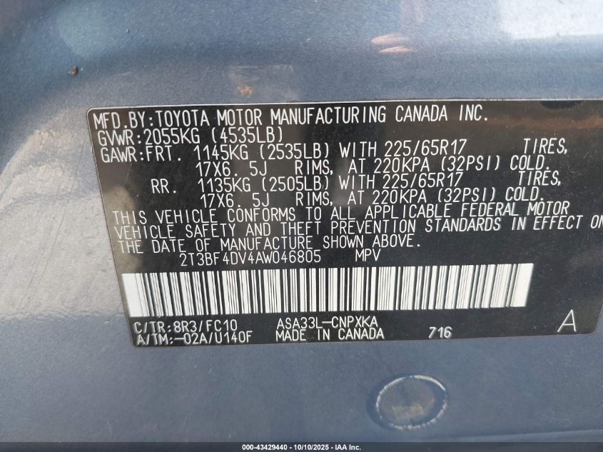 2010 Toyota Rav4 VIN: 2T3BF4DV4AW046805 Lot: 43429440