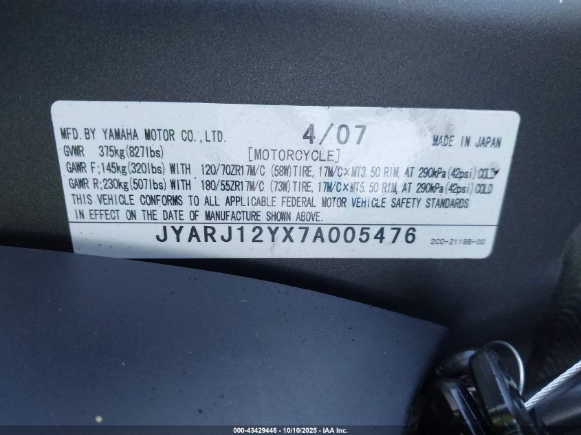2007 Yamaha Yzfr6 L VIN: JYARJ12YX7A005476 Lot: 43429446