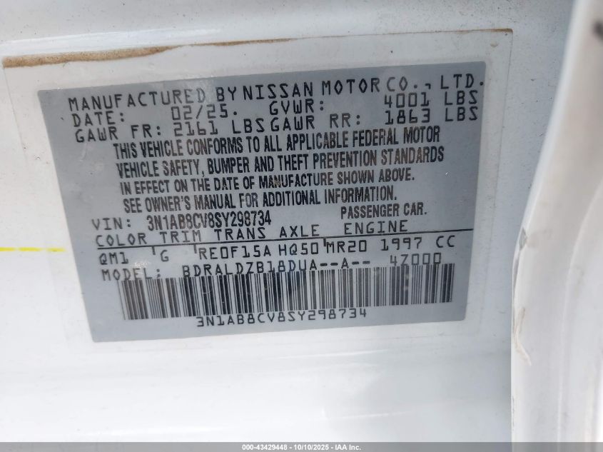 2025 Nissan Sentra Sv VIN: 3N1AB8CV8SY298734 Lot: 43429448