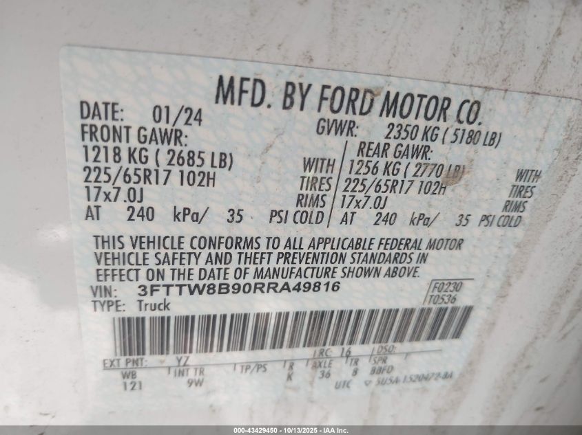 2024 Ford Maverick Xl VIN: 3FTTW8B90RRA49816 Lot: 43429450