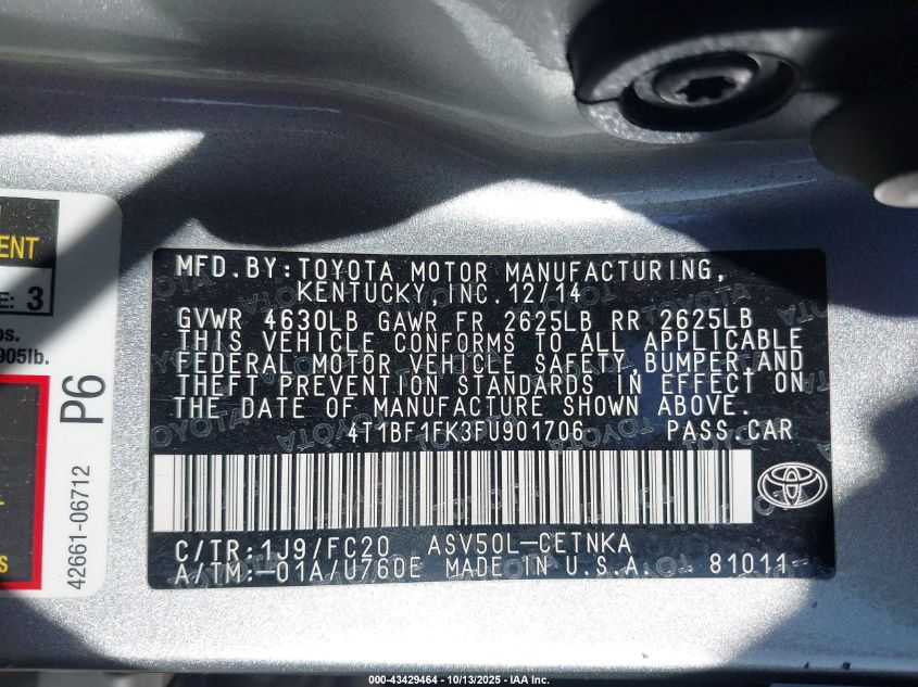 2015 Toyota Camry Le VIN: 4T1BF1FK3FU901706 Lot: 43429464