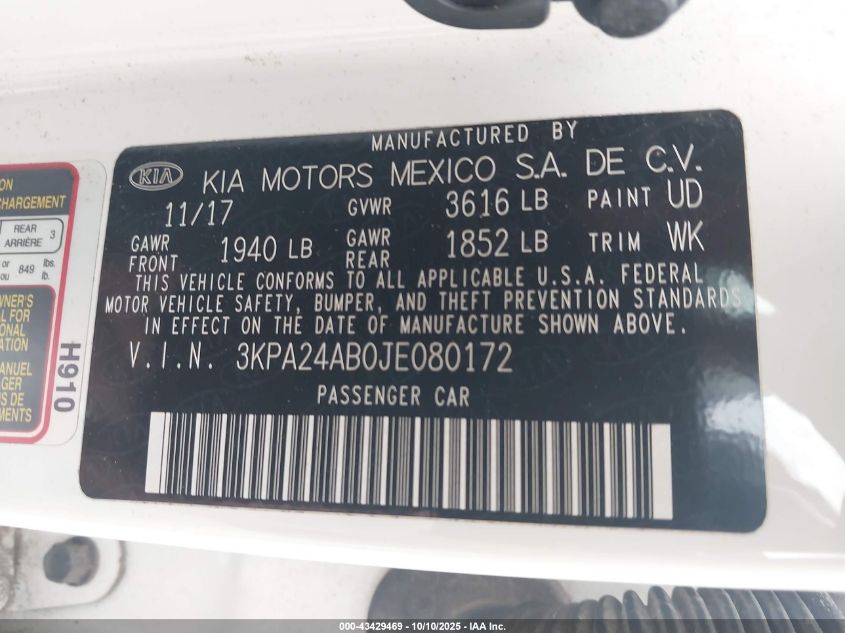 2018 Kia Rio S VIN: 3KPA24AB0JE080172 Lot: 43429469