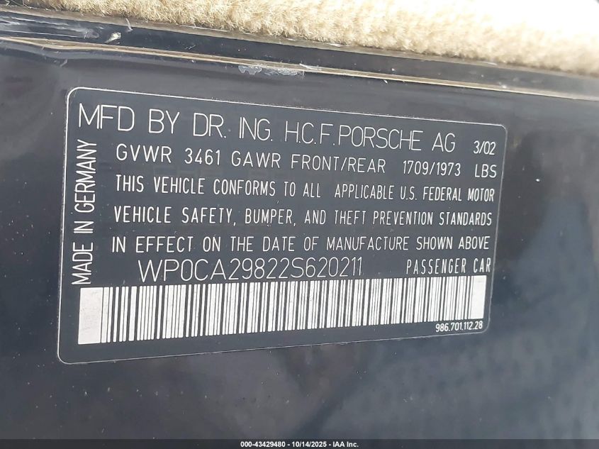 2002 Porsche Boxster VIN: WP0CA29822S620211 Lot: 43429480