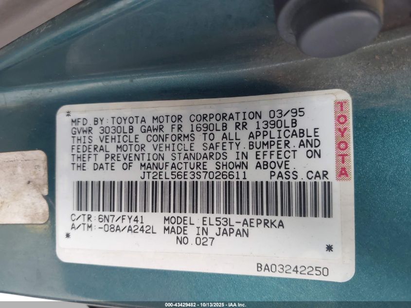 1995 Toyota Tercel Dx VIN: JT2EL56E3S7026611 Lot: 43429482