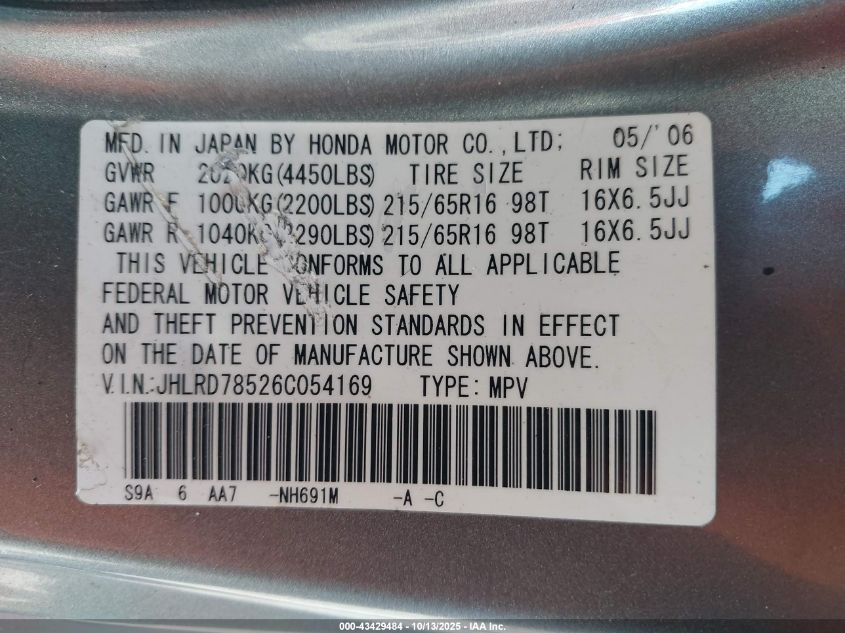 2006 Honda Cr-V Lx VIN: JHLRD78526C054169 Lot: 43429484
