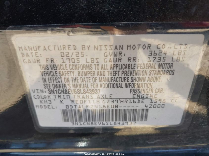 2025 Nissan Versa 1.6 Sv VIN: 3N1CN8EV6SL843937 Lot: 43429487