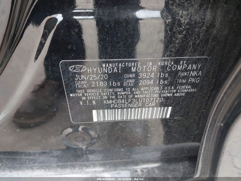 2020 Hyundai Elantra Sel VIN: KMHD84LF3LU107120 Lot: 43429495