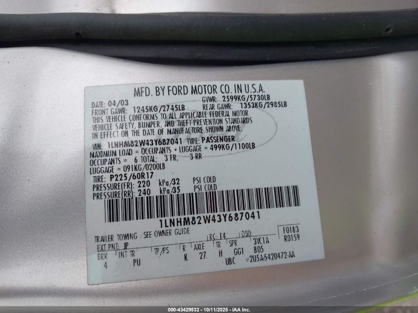 2003 Lincoln Town Car Signature VIN: 1LNHM82W43Y687041 Lot: 43429532