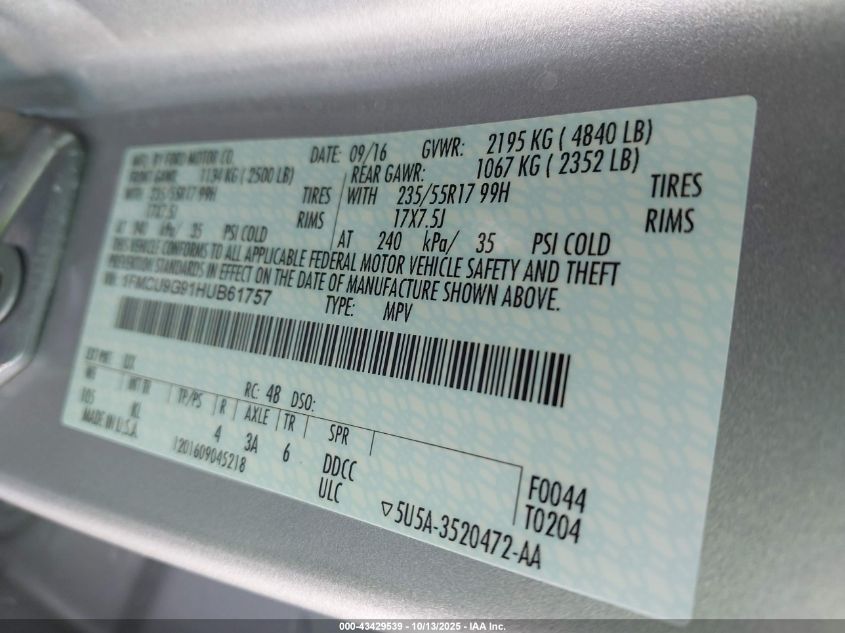 2017 Ford Escape Se VIN: 1FMCU9G91HUB61757 Lot: 43429539