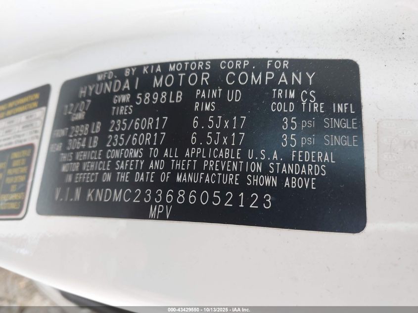 2008 Hyundai Entourage Gls/Limited VIN: KNDMC233686052123 Lot: 43429550