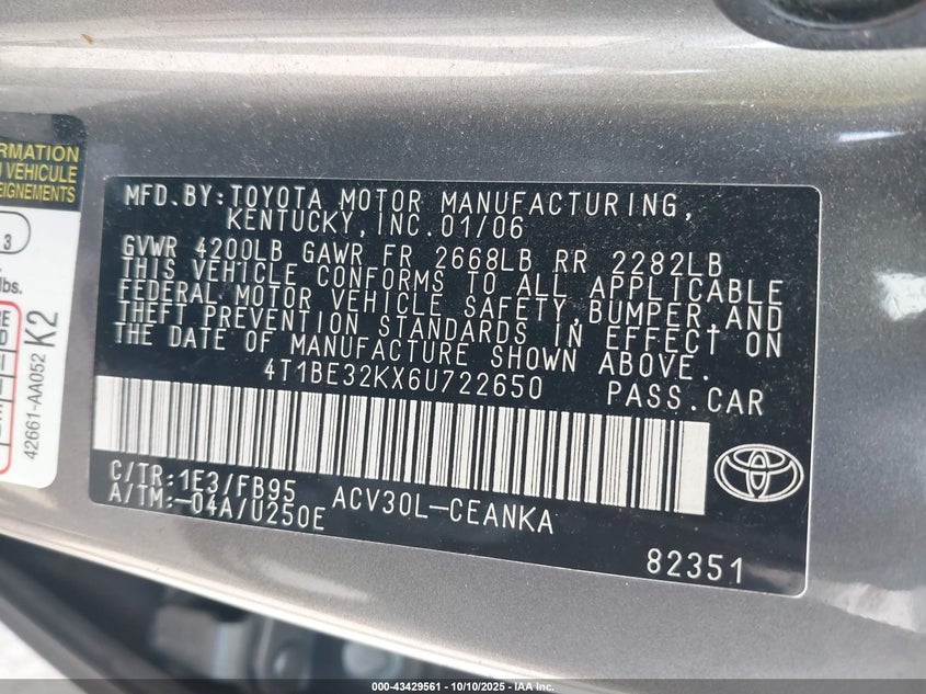 2006 Toyota Camry Le VIN: 4T1BE32KX6U722650 Lot: 43429561