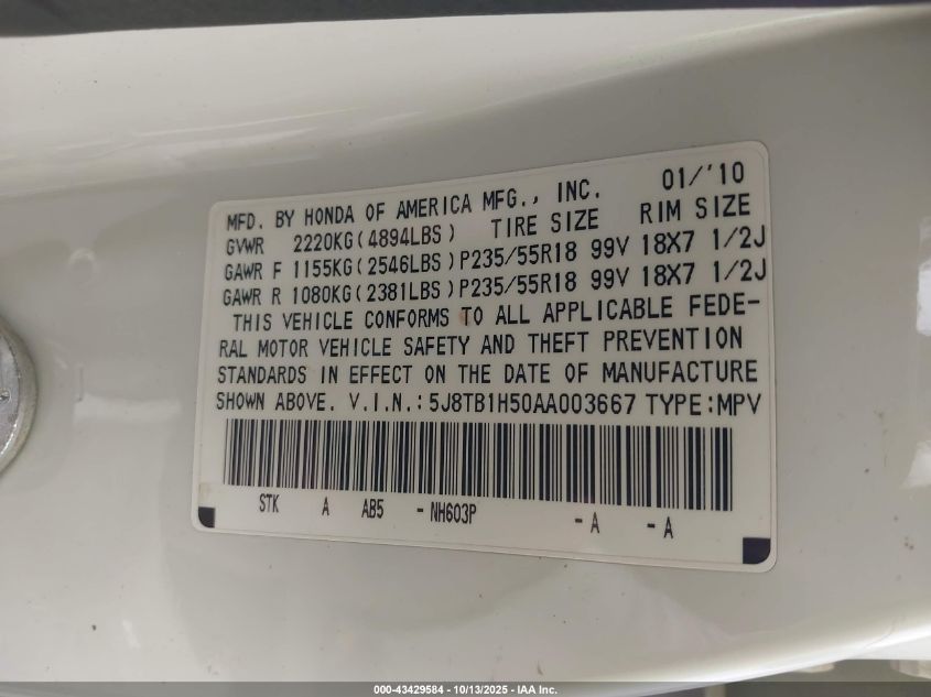 2010 Acura Rdx VIN: 5J8TB1H50AA003667 Lot: 43429584