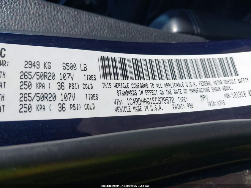 2014 Dodge Durango Sxt VIN: 1C4RDHAG1EC979572 Lot: 43429591