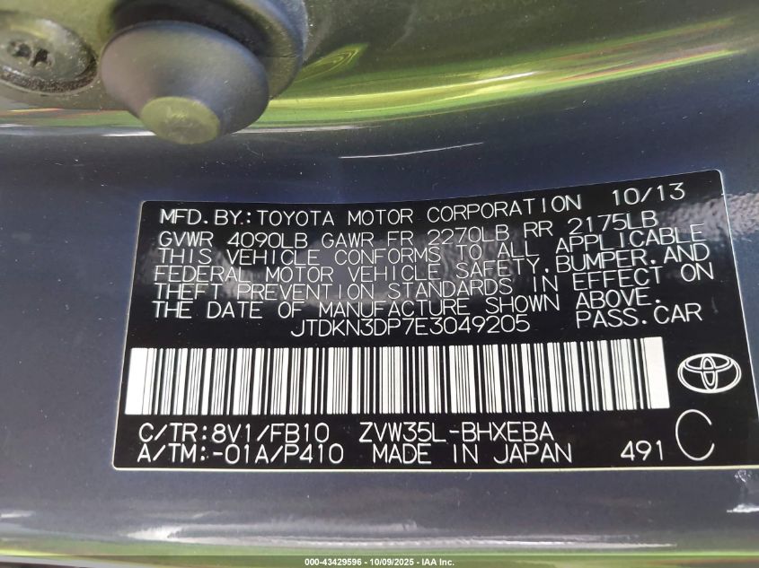 2014 Toyota Prius Plug-In VIN: JTDKN3DP7E3049205 Lot: 43429596