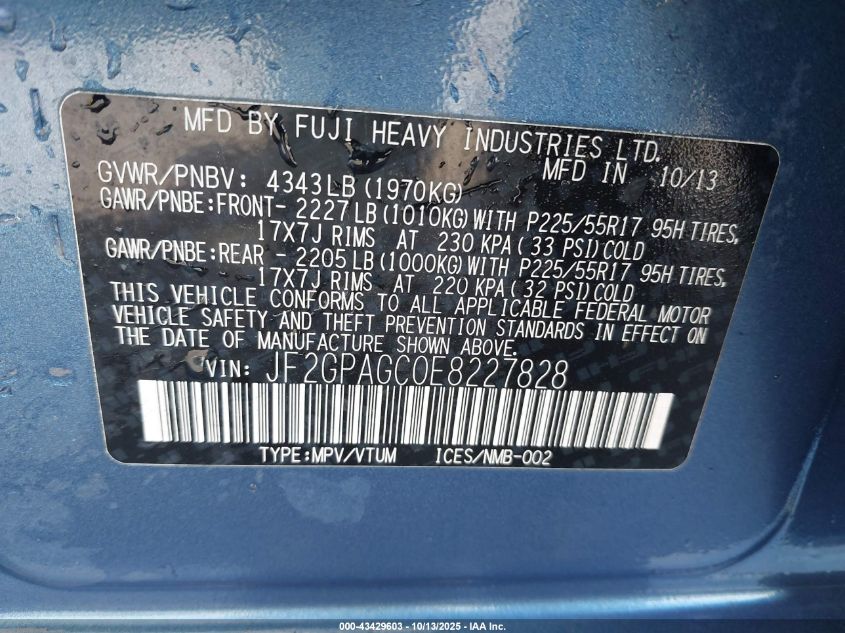 2014 Subaru Xv Crosstrek 2.0I Limited VIN: JF2GPAGC0E8227828 Lot: 43429603