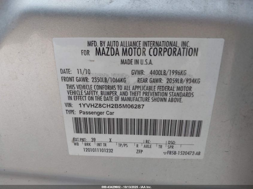 2011 Mazda Mazda6 I Touring VIN: 1YVHZ8CH2B5M06287 Lot: 43429602