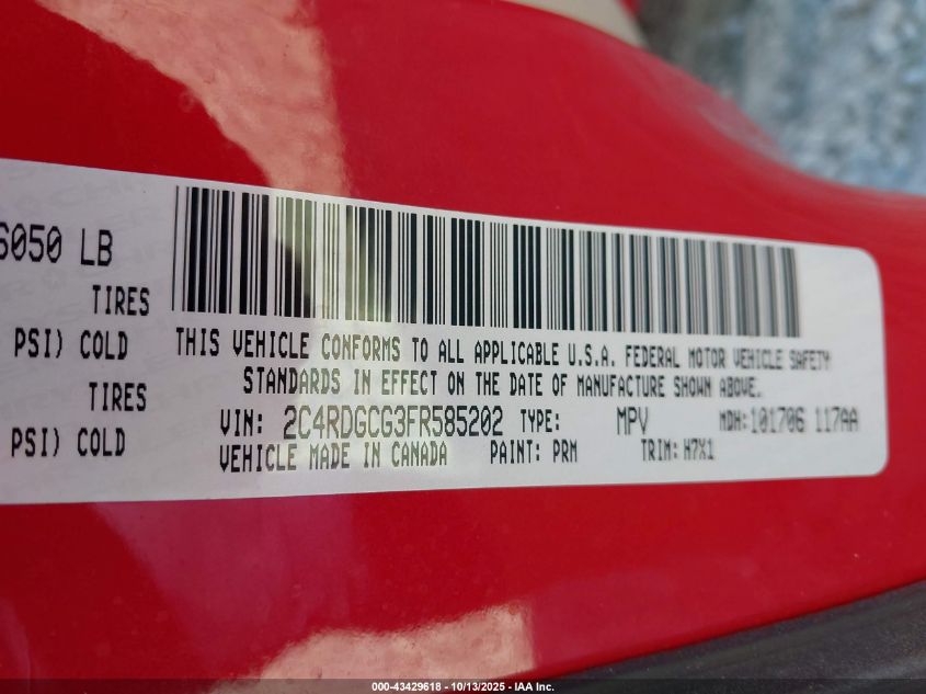 2015 Dodge Grand Caravan Sxt VIN: 2C4RDGCG3FR585202 Lot: 43429618