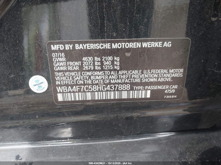 2017 BMW 430I Gran Coupe VIN: WBA4F7C58HG437888 Lot: 43429621