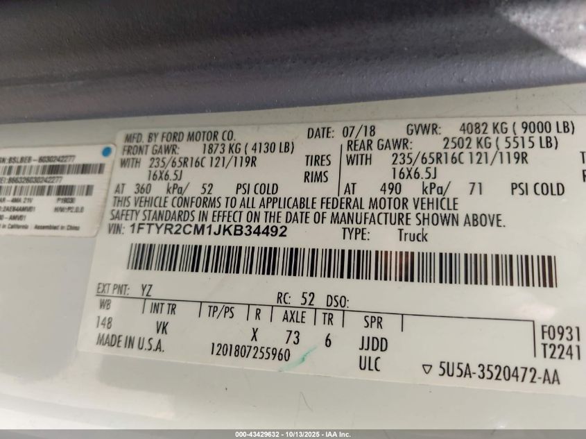 2018 Ford Transit-250 VIN: 1FTYR2CM1JKB34492 Lot: 43429632