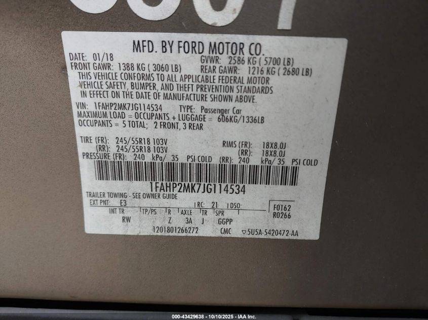 2018 Ford Police Interceptor VIN: 1FAHP2MK7JG114534 Lot: 43429638