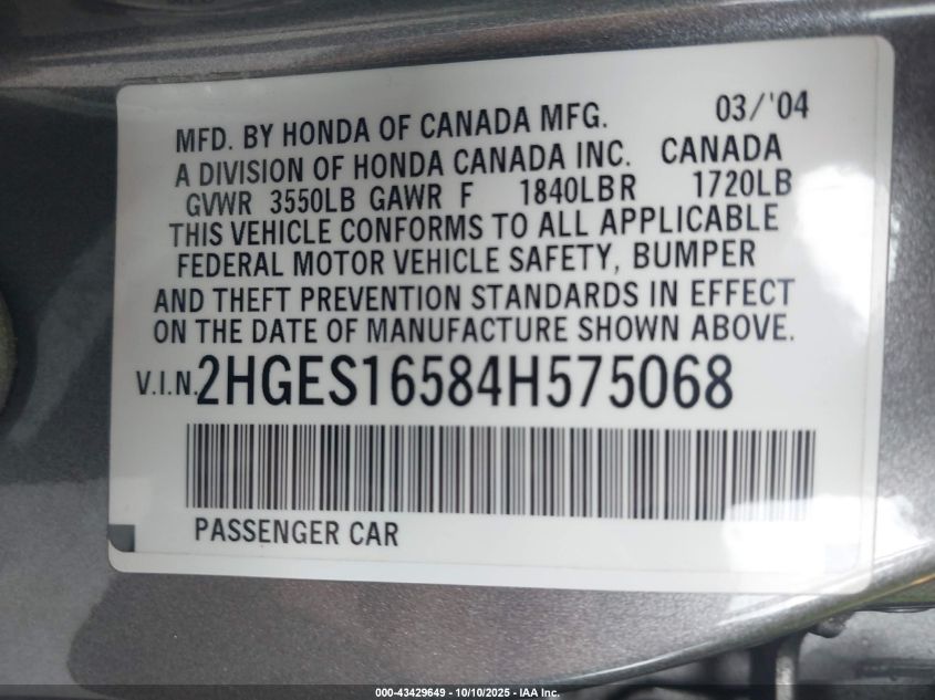 2004 Honda Civic Lx VIN: 2HGES16584H575068 Lot: 43429649