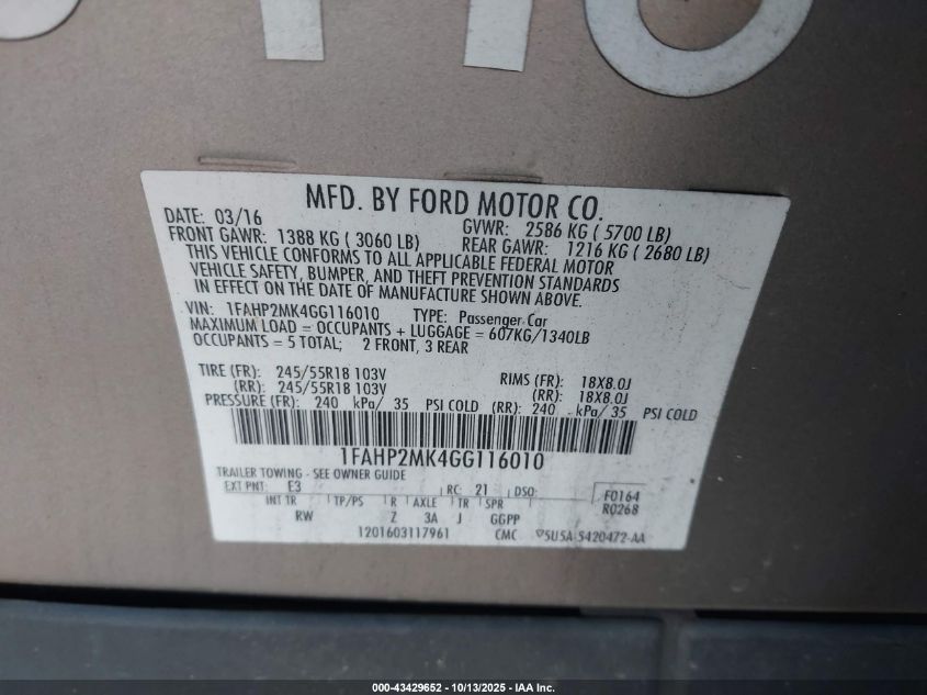 2016 Ford Police Interceptor VIN: 1FAHP2MK4GG116010 Lot: 43429652
