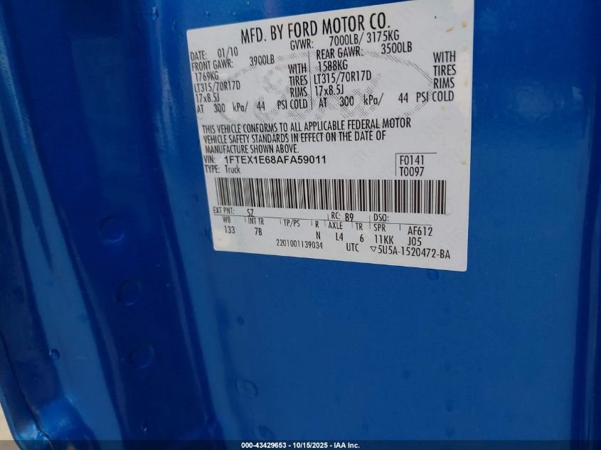 2010 Ford F-150 Svt Raptor VIN: 1FTEX1E68AFA59011 Lot: 43429653