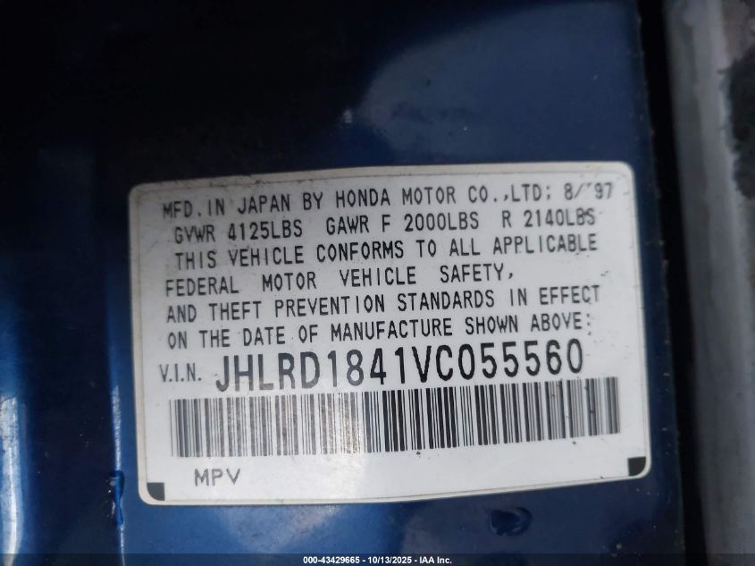 1997 Honda Cr-V VIN: JHLRD1841VC055560 Lot: 43429665