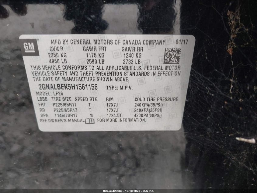 2017 Chevrolet Equinox Ls VIN: 2GNALBEK5H1561156 Lot: 43429680