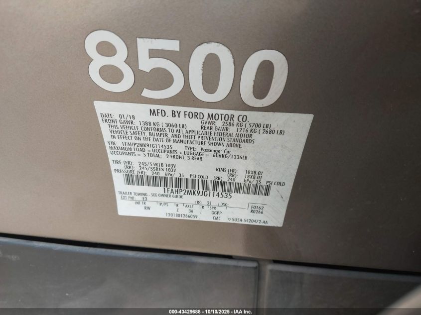2018 Ford Police Interceptor VIN: 1FAHP2MK9JG114535 Lot: 43429688