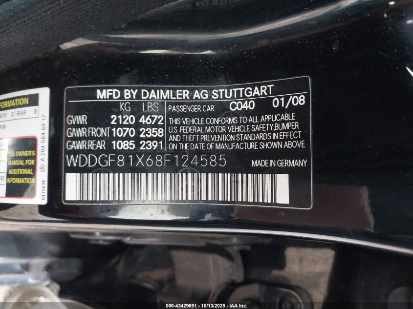 2008 Mercedes-Benz C 300 Luxury 4Matic/Sport 4Matic VIN: WDDGF81X68F124585 Lot: 43429691