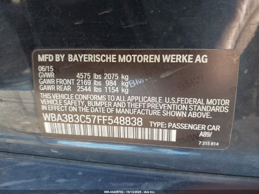 2015 BMW 328I xDrive VIN: WBA3B3C57FF548838 Lot: 43429702