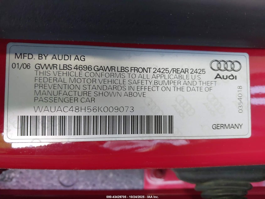 2006 Audi A4 1.8T VIN: WAUAC48H56K009073 Lot: 43429705