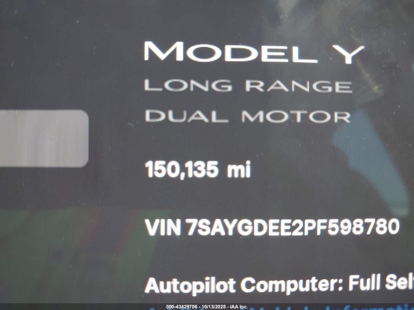 2023 Tesla Model Y Awd/Long Range Dual Motor All-Wheel Drive VIN: 7SAYGDEE2PF598780 Lot: 43429706