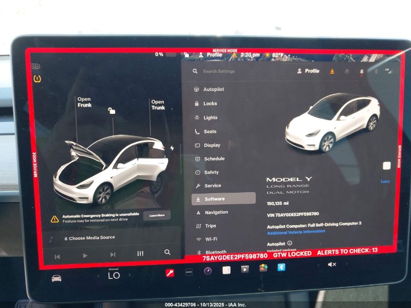 2023 Tesla Model Y Awd/Long Range Dual Motor All-Wheel Drive VIN: 7SAYGDEE2PF598780 Lot: 43429706