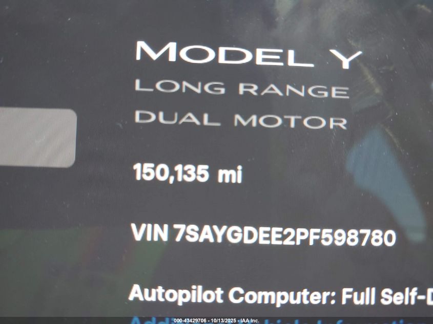 2023 Tesla Model Y Awd/Long Range Dual Motor All-Wheel Drive VIN: 7SAYGDEE2PF598780 Lot: 43429706