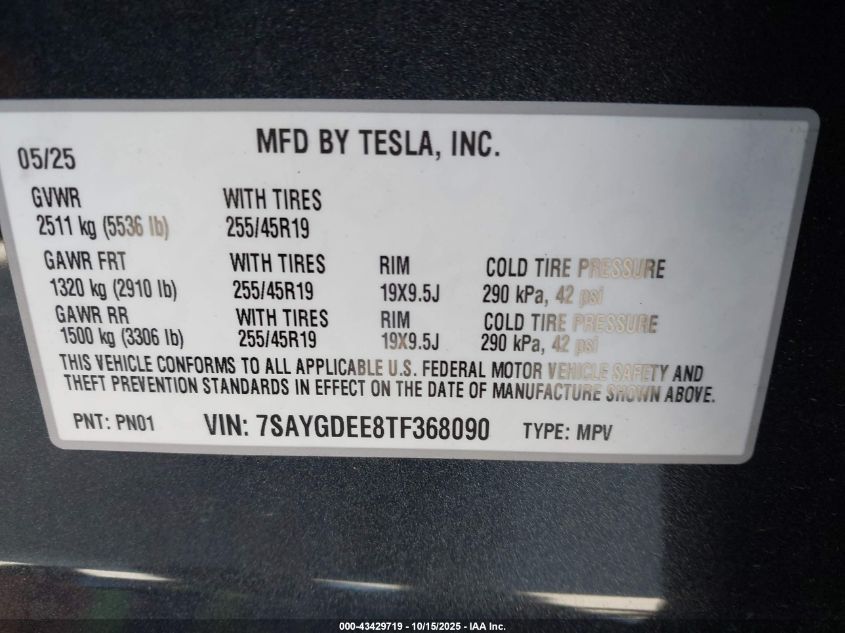 2026 Tesla Model Y Long Range Dual Motor All-Wheel Drive/Long Range Launch Series VIN: 7SAYGDEE8TF368090 Lot: 43429719