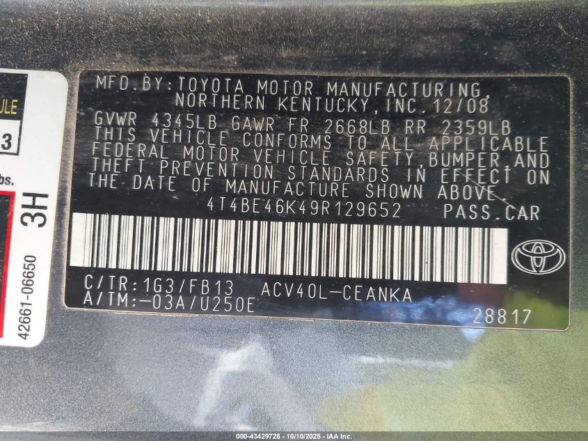 2009 Toyota Camry Le VIN: 4T4BE46K49R129652 Lot: 43429728