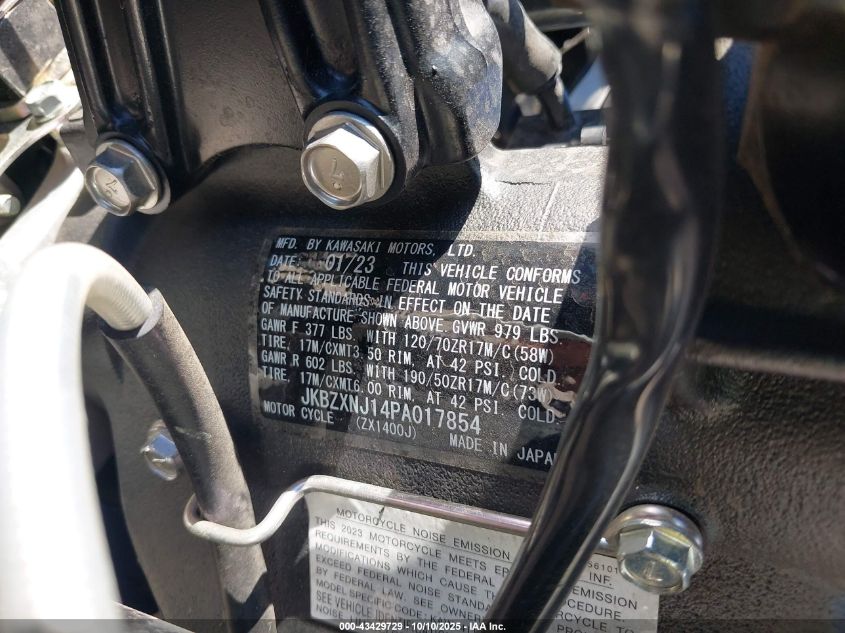 2023 Kawasaki Zx1400 J VIN: JKBZXNJ14PA017854 Lot: 43429729