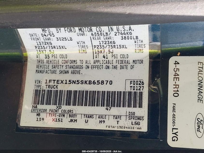 1995 Ford F150 VIN: 1FTEX15N5SKB65870 Lot: 43429735