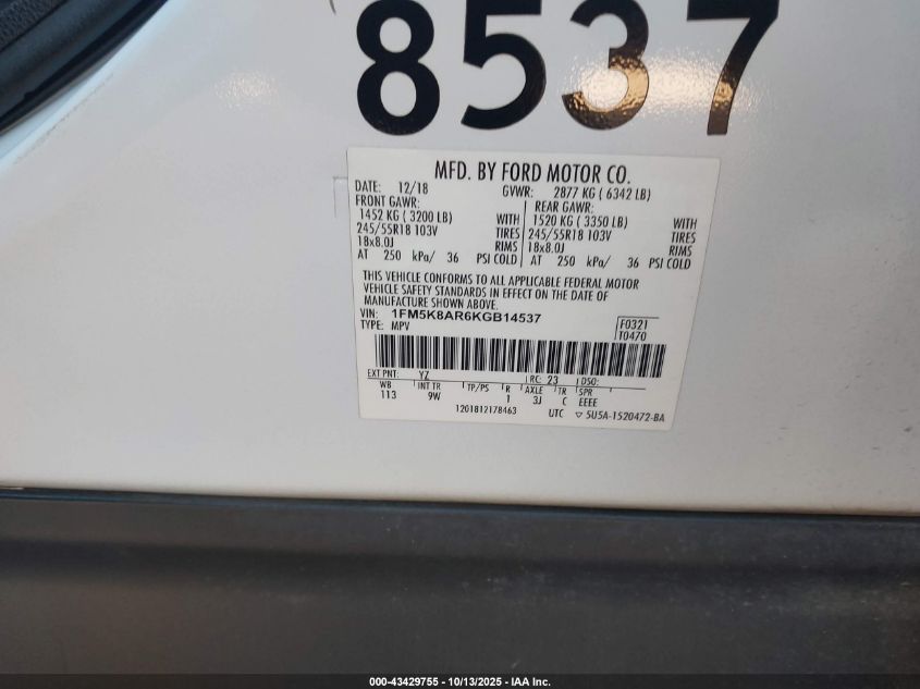 2019 Ford Police Interceptor VIN: 1FM5K8AR6KGB14537 Lot: 43429755