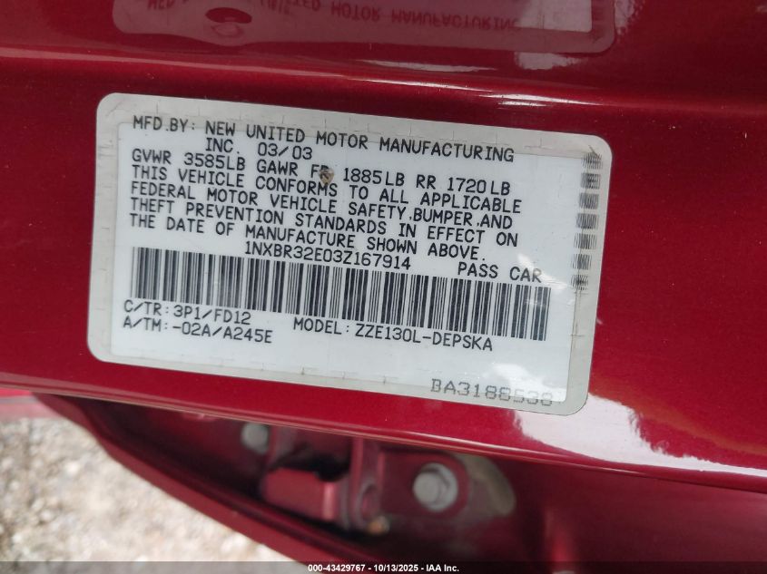 2003 Toyota Corolla S VIN: 1NXBR32E03Z167914 Lot: 43429767