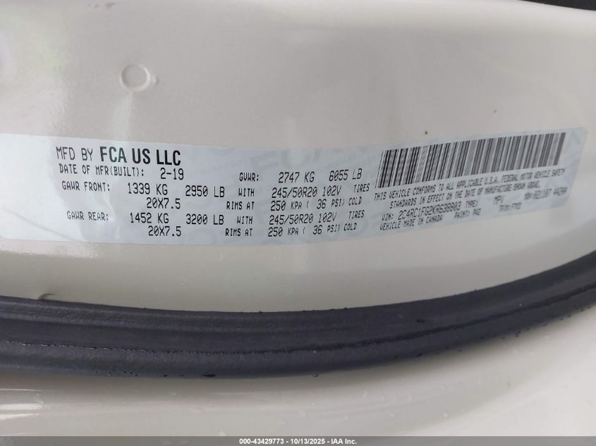 2019 Chrysler Pacifica Touring Plus VIN: 2C4RC1FG2KR638803 Lot: 43429773