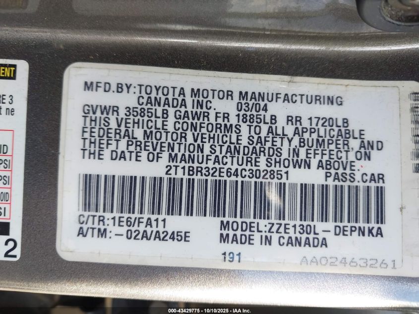 2004 Toyota Corolla Le VIN: 2T1BR32E64C302851 Lot: 43429775