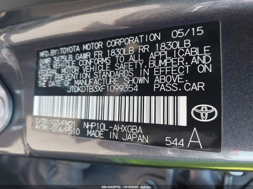 2015 Toyota Prius C Three VIN: JTDKDTB3XF1099354 Lot: 43429782