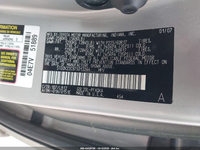 2007 Toyota Sienna Xle VIN: 5TDZK22C97S013244 Lot: 43429786