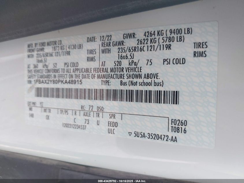 2023 Ford Transit-350 Passenger Van Xlt VIN: 1FBAX2Y80PKA48915 Lot: 43429792
