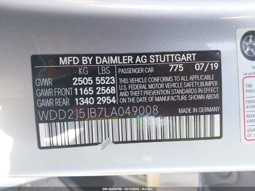 2020 Mercedes-Benz Cls 450 VIN: WDD2J5JB7LA049008 Lot: 43429796