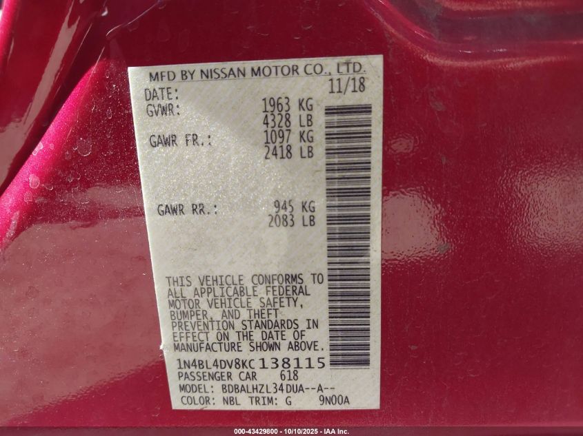 2019 Nissan Altima 2.5 Sv VIN: 1N4BL4DV8KC138115 Lot: 43429800