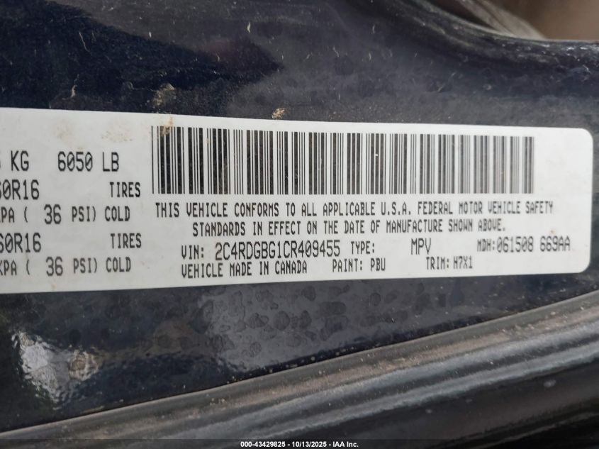 2012 Dodge Grand Caravan Se/Avp VIN: 2C4RDGBG1CR409455 Lot: 43429825